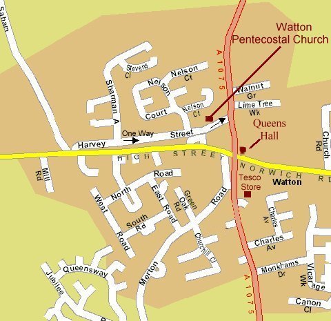 street map of Watton with the location of the Church